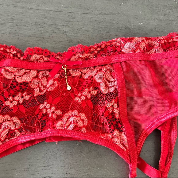 NEW Seven Til Midnight Red Gold All Floral Scallop Edge Lace Garter Belt S/M - Picture 5 of 6